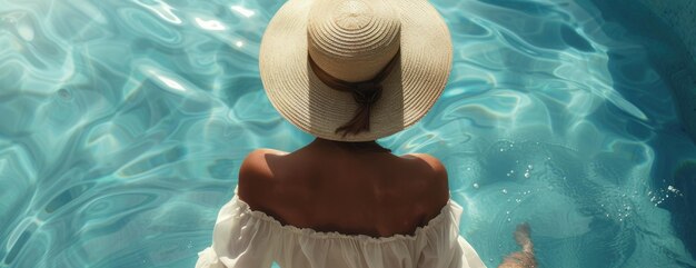 Женщина в белой рубашке и шляпе стоит в бассейне с водой
