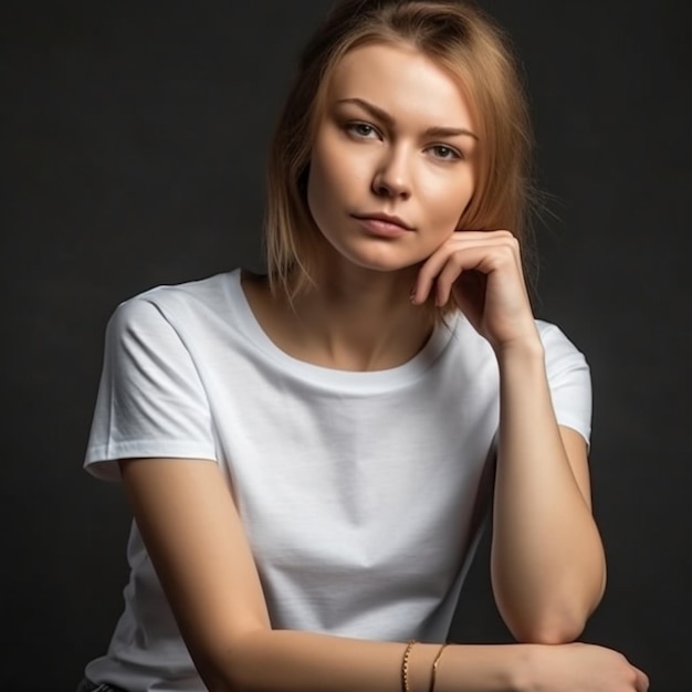 A woman in a white shirt is sitting and looking at the camera.