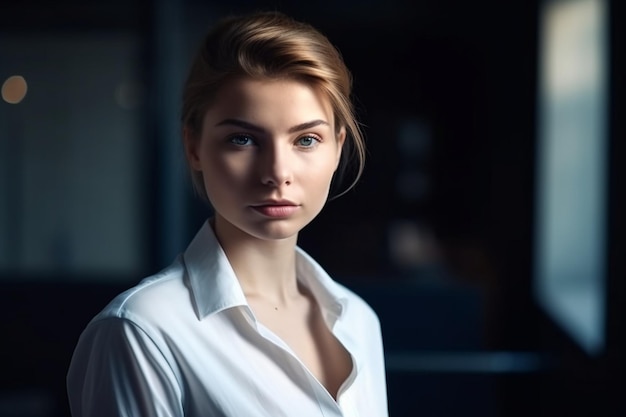 A woman in a white shirt is standing in a dark room.