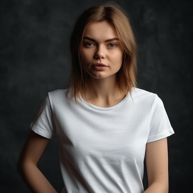 A woman in a white shirt is standing in front of a dark background.