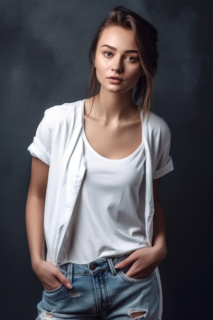 A woman in a white shirt and jeans stands against a black background.