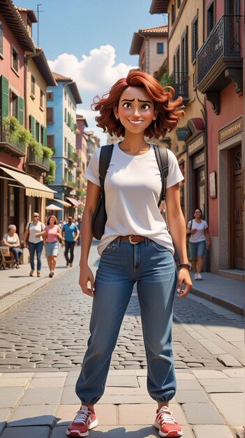 a woman in a white shirt and jeans stands on a cobb street