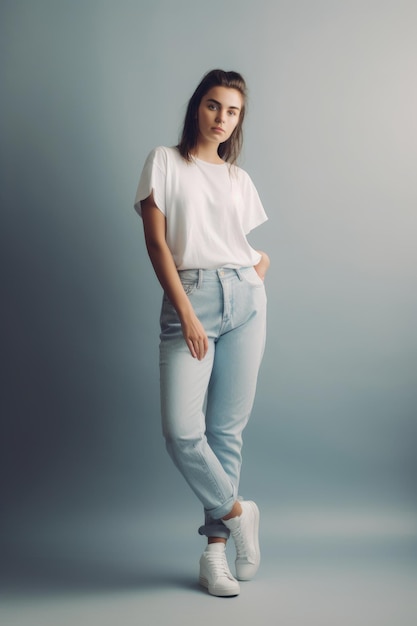 A woman in a white shirt and jeans stands in front of a grey background.