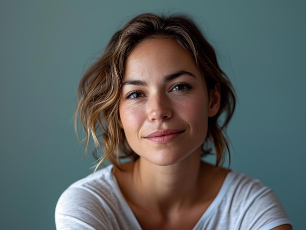 Photo a woman in a white shirt looking at the camera