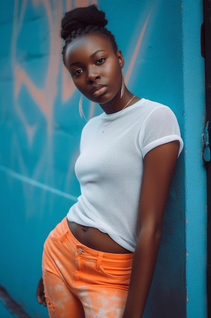 A woman in a white shirt and orange pants stands against a blue wall