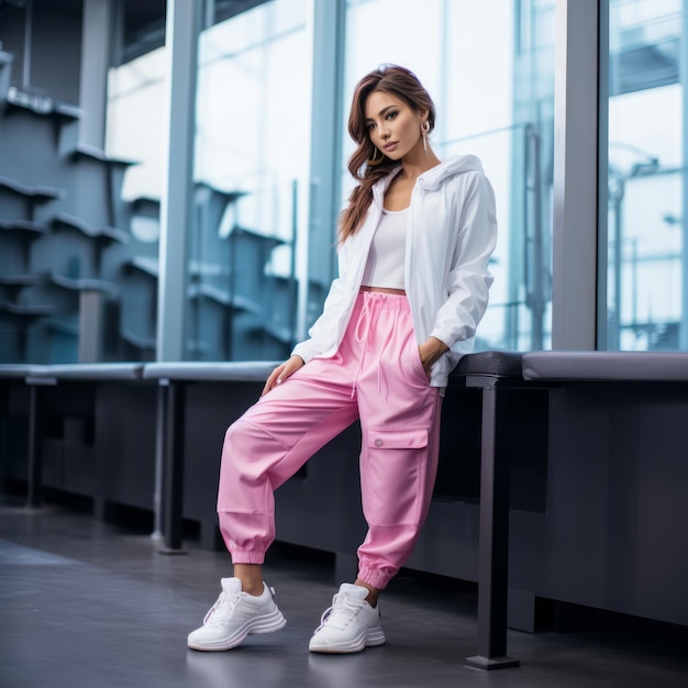 a woman in a white shirt and pink pants