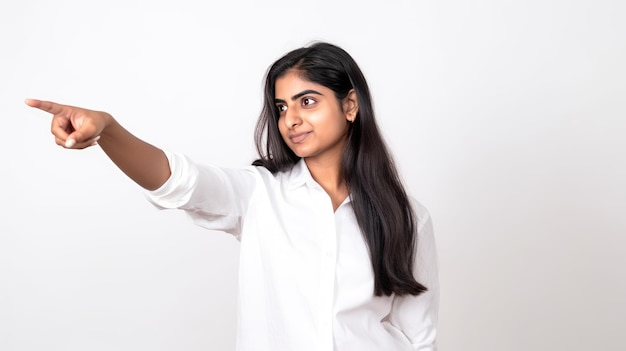 A woman in a white shirt points to the camera.