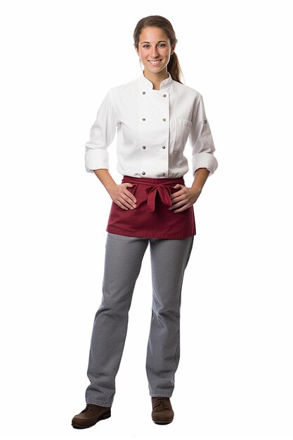 Photo a woman in a white shirt and a red apron stands in front of a white wall