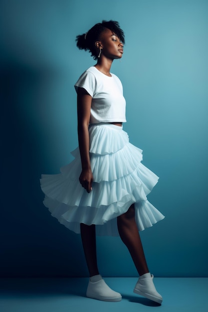 A woman in a white shirt and a skirt stands in front of a blue wall.