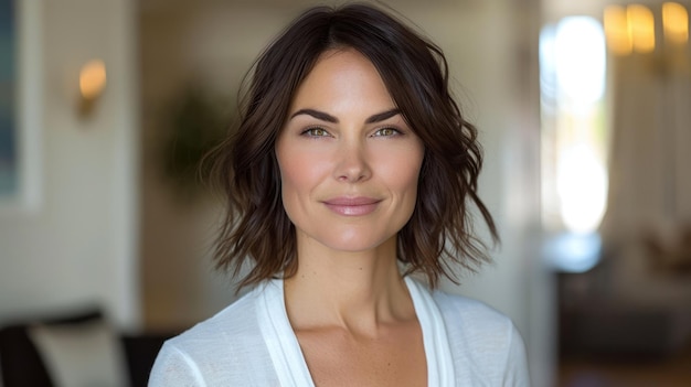 A woman in a white shirt smiles directly at the camera