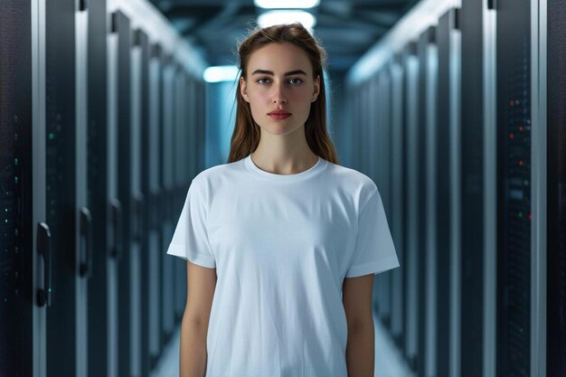 a woman in a white shirt standing in a server room