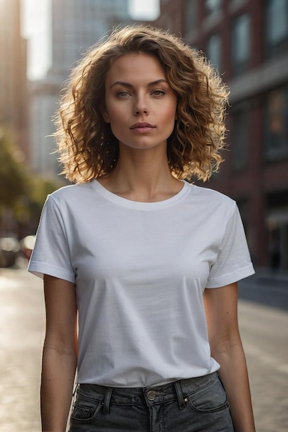 Woman in White Shirt Standing on Street Generative AI