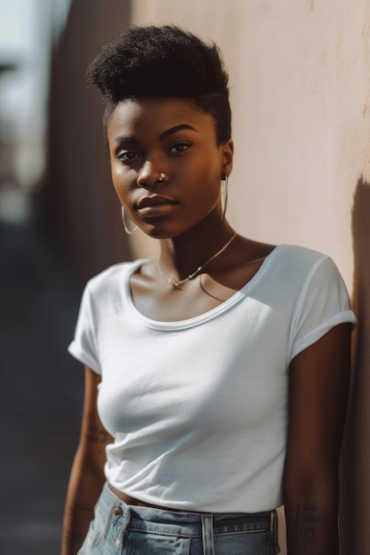 A woman in a white shirt stands against a wall.