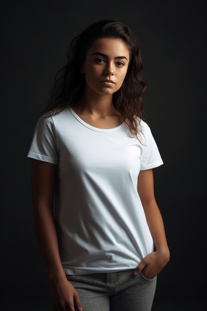 A woman in a white shirt stands in a dark room with her hands in her pockets.