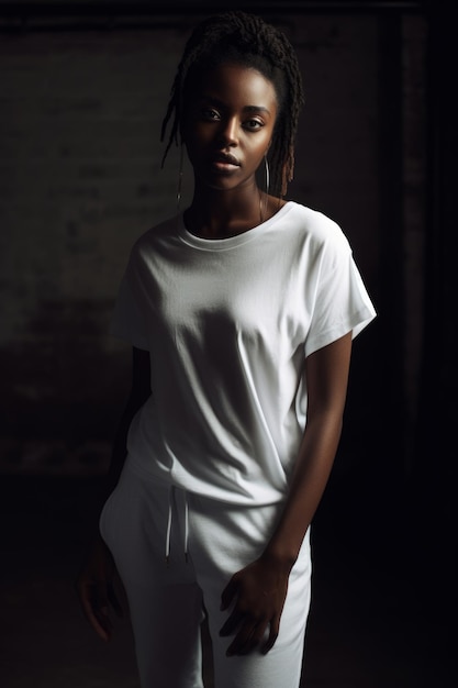 A woman in a white shirt stands in a dark room.