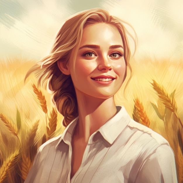 白いシャツを着た女性が小麦畑に立っています。