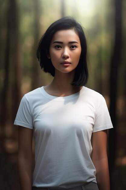 A woman in a white shirt stands in a forest.