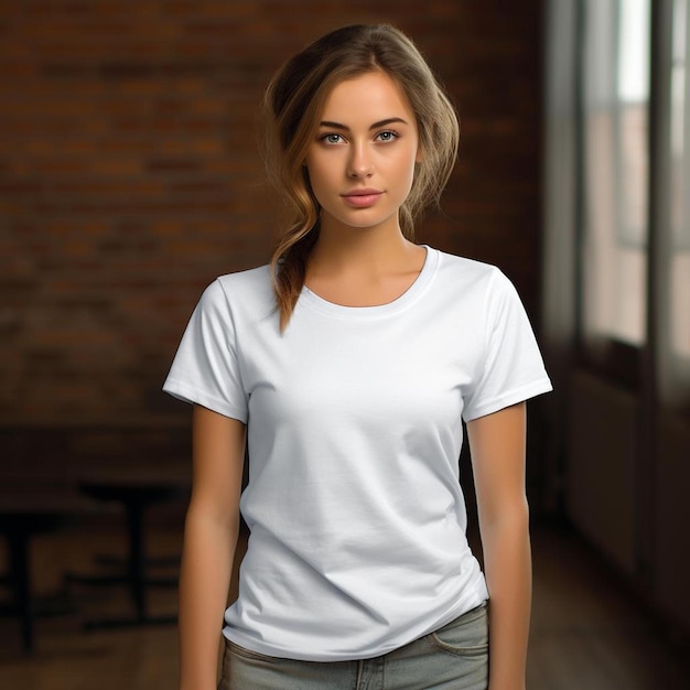 A woman in a white shirt stands in front of a brick wall.