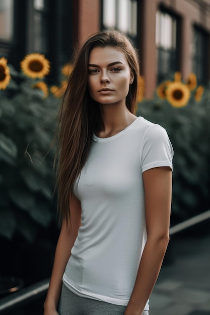 A woman in a white shirt stands in front of a sunflower field