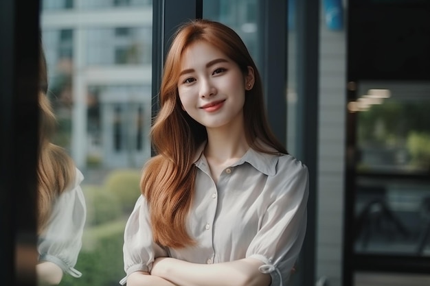 A woman in a white shirt stands in front of a window and smiles.