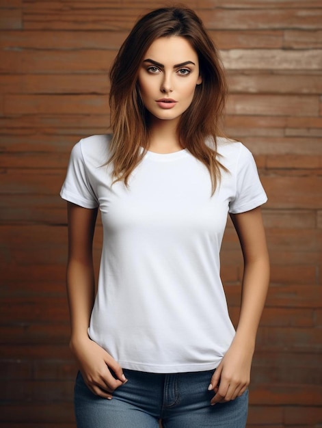 a woman in a white shirt stands in front of a wooden wall.