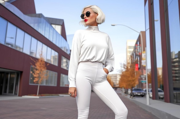 a woman in a white shirt and sunglasses stands on a street.