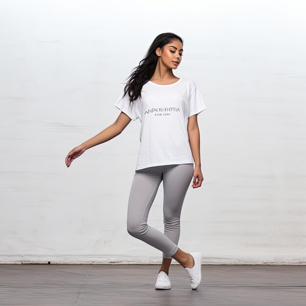 a woman in a white shirt that says  the word  on the front