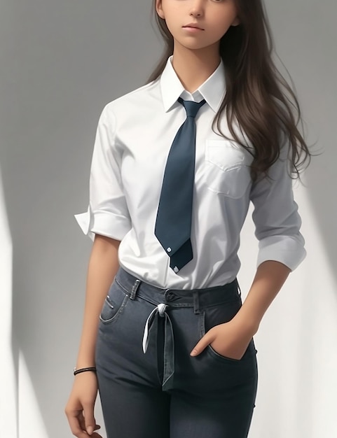 A woman in a white shirt and tie stands in front of a white wall.