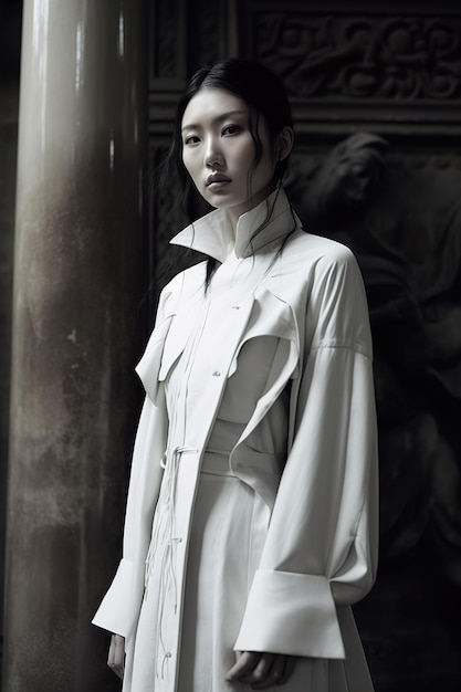 A woman in a white shirt and white jacket stands in front of a pillar