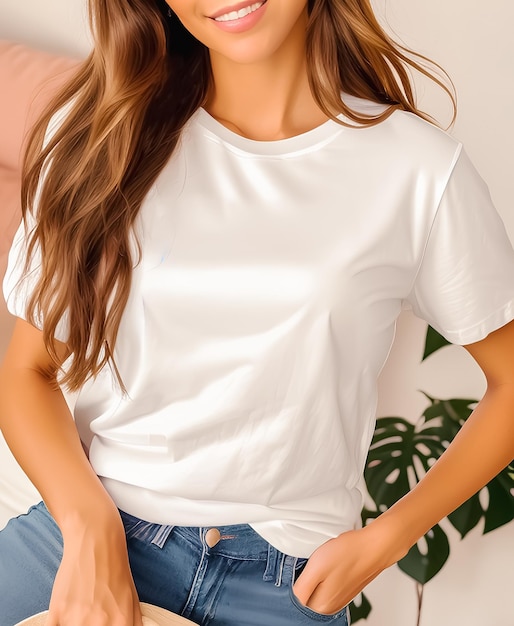 A woman in a white shirt and white jeans stands in front of a plant