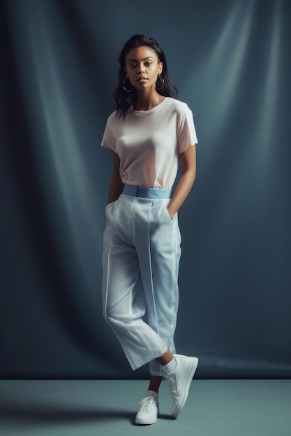 A woman in a white shirt and white pants stands in front of a dark background.