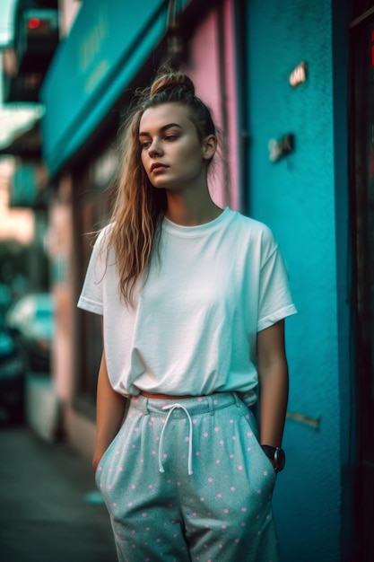 A woman in a white shirt and a white t - shirt stands in front of a pink wall.