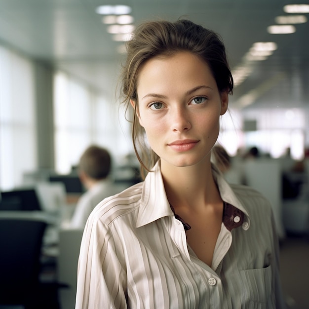 A woman in a white shirt with a brown collar and a white shirt with a collar that says " no. "