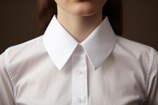 a woman in a white shirt with a collar that has buttons on it.