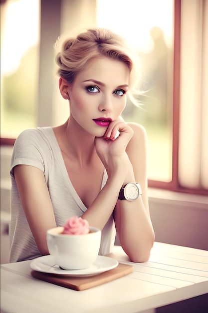 A woman in a white shirt with a cup of coffee in front of her.