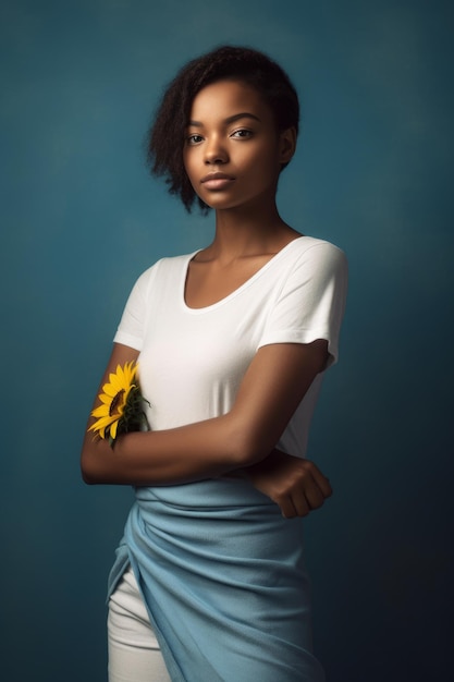 A woman in a white shirt with a sunflower on her chest