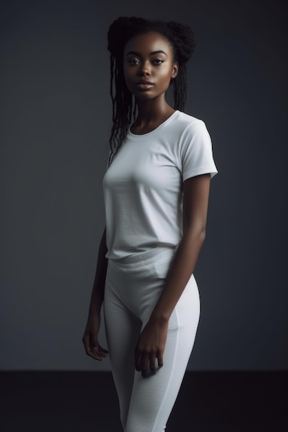 A woman in a white shirt with the word black on it