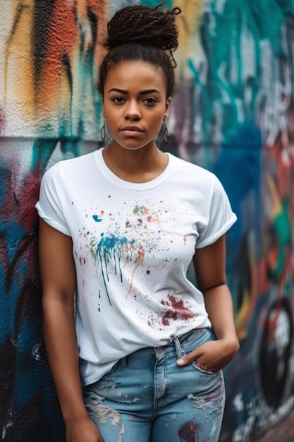 A woman in a white shirt with the word love on it