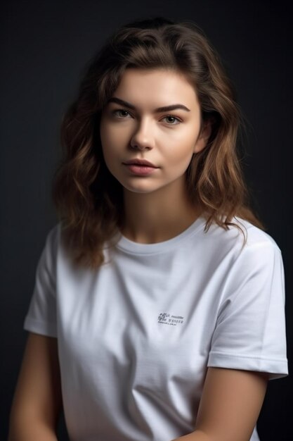 A woman in a white shirt with the word t shirt on it