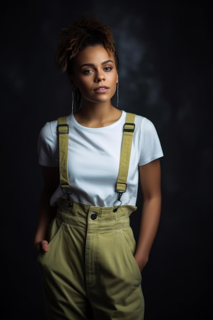 A woman in a white shirt and yellow suspenders stands in front of a black background.