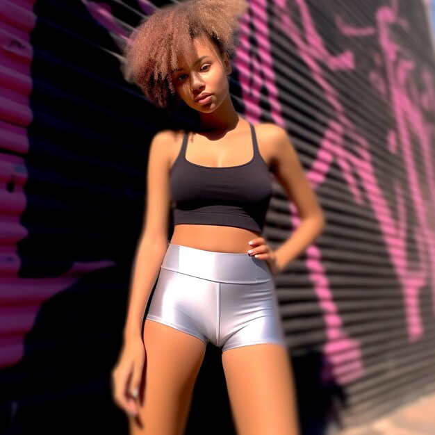 a woman in a white shorts stands in front of a graffiti wall.