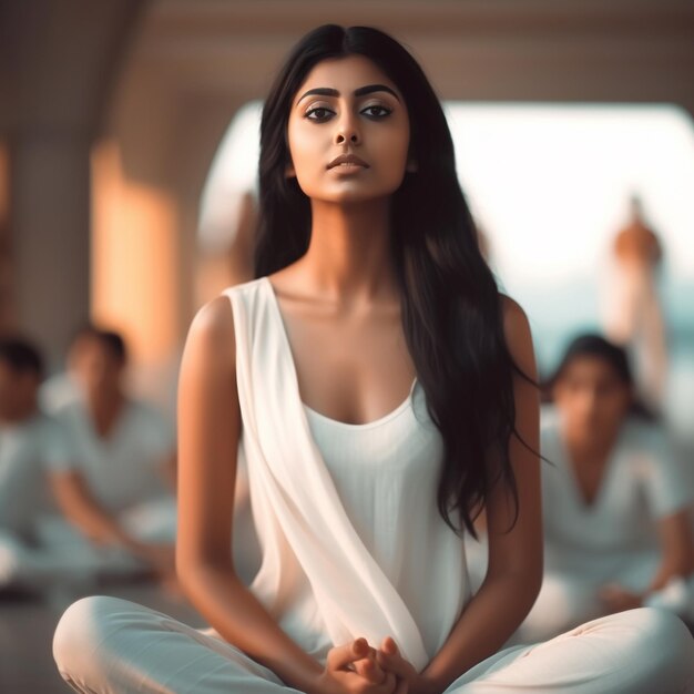 a woman in white sitting in a yoga pose with others in the background.