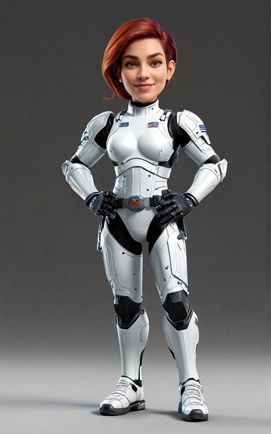 Photo a woman in a white suit and helmet stands next to a robot