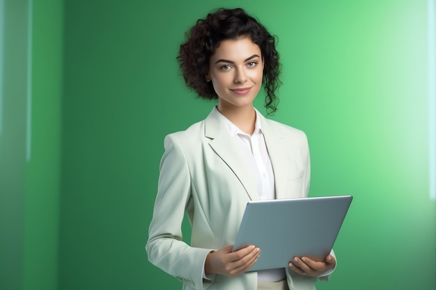 A woman in a white suit holds a folder in front of a green background.