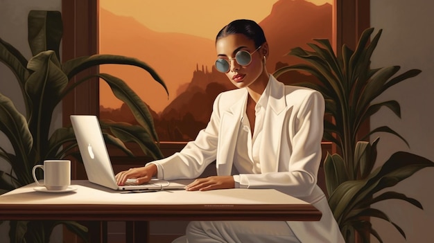 A woman in a white suit is sitting at a desk