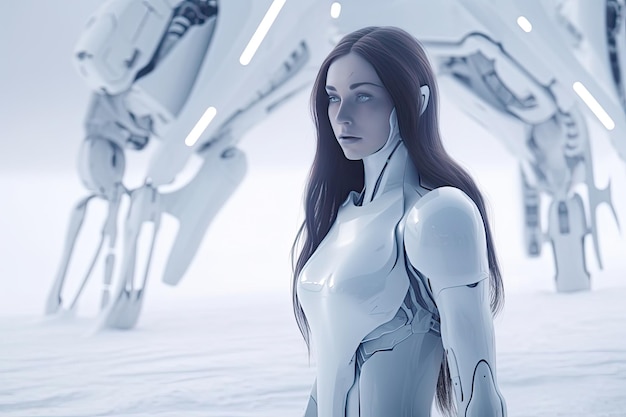 A woman in a white suit looking at a robot