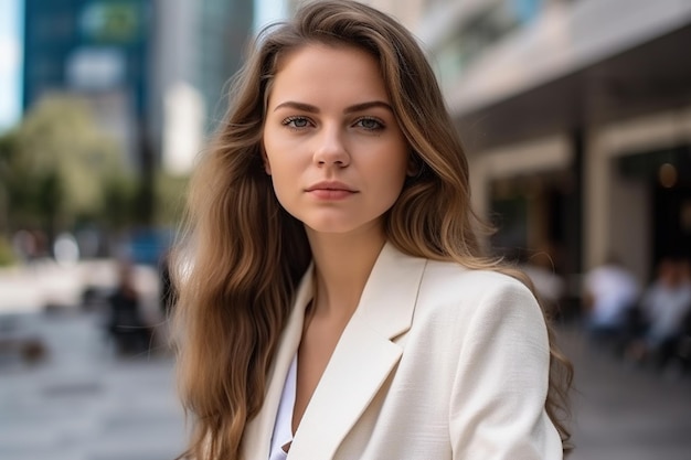 A woman in a white suit stands in a city street.