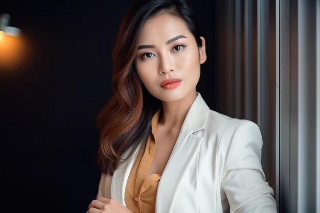 A woman in a white suit stands in front of a window