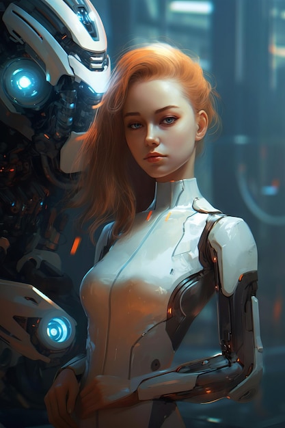 A woman in a white suit stands next to a robot