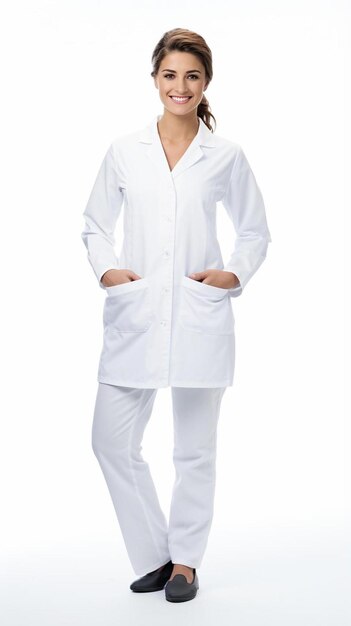 Photo a woman in a white suit stands on a white background